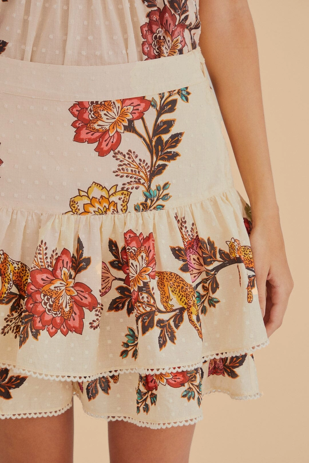 Reinforced Pockets Sand Leopard Flowers Mini Skirt