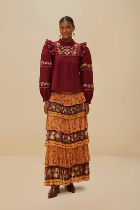 Light Moodboard Colorful Birds Camel Ruffles Midi Skirt