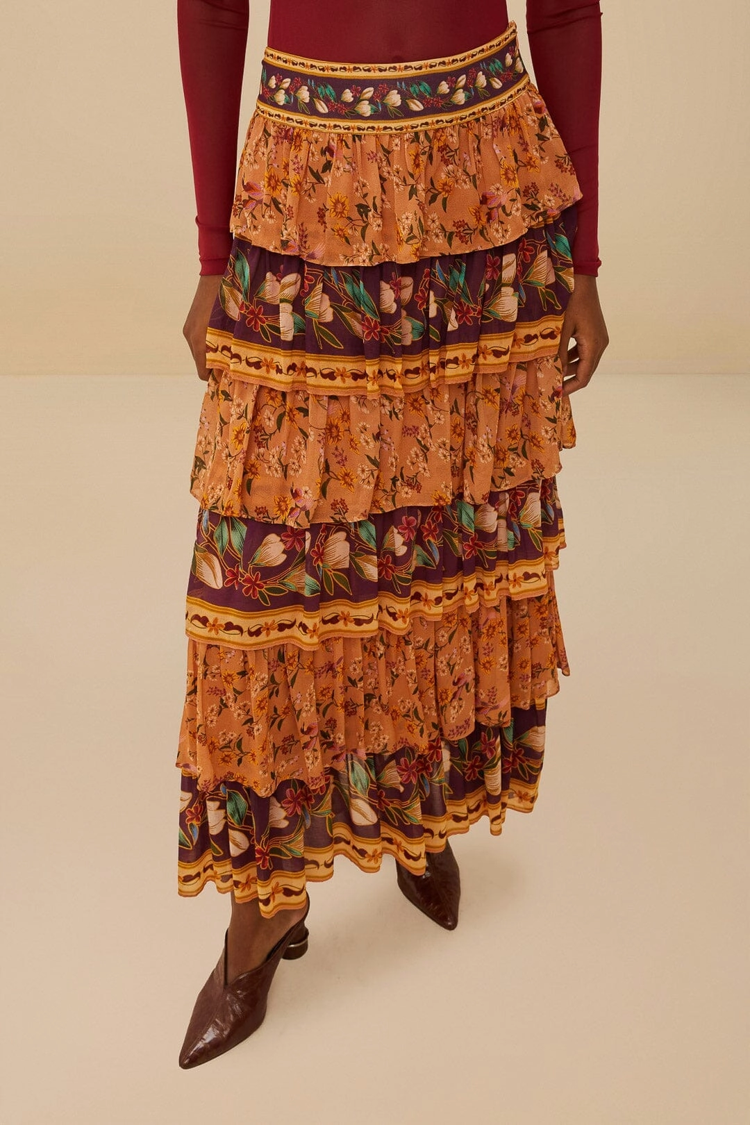 Colorful Birds Camel Ruffles Midi Skirt Iconic Style High Rise