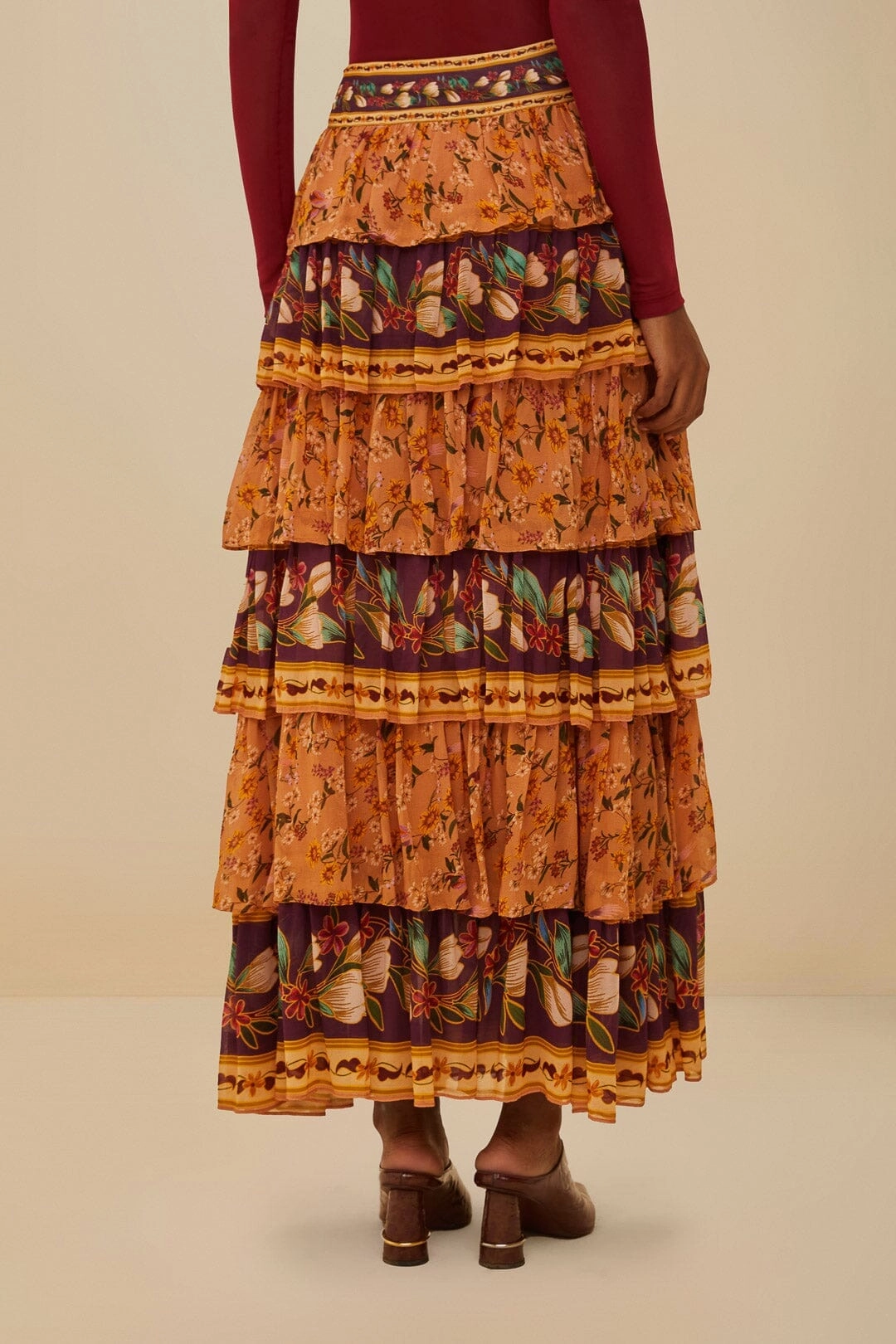 Colorful Birds Camel Ruffles Midi Skirt Designer Label