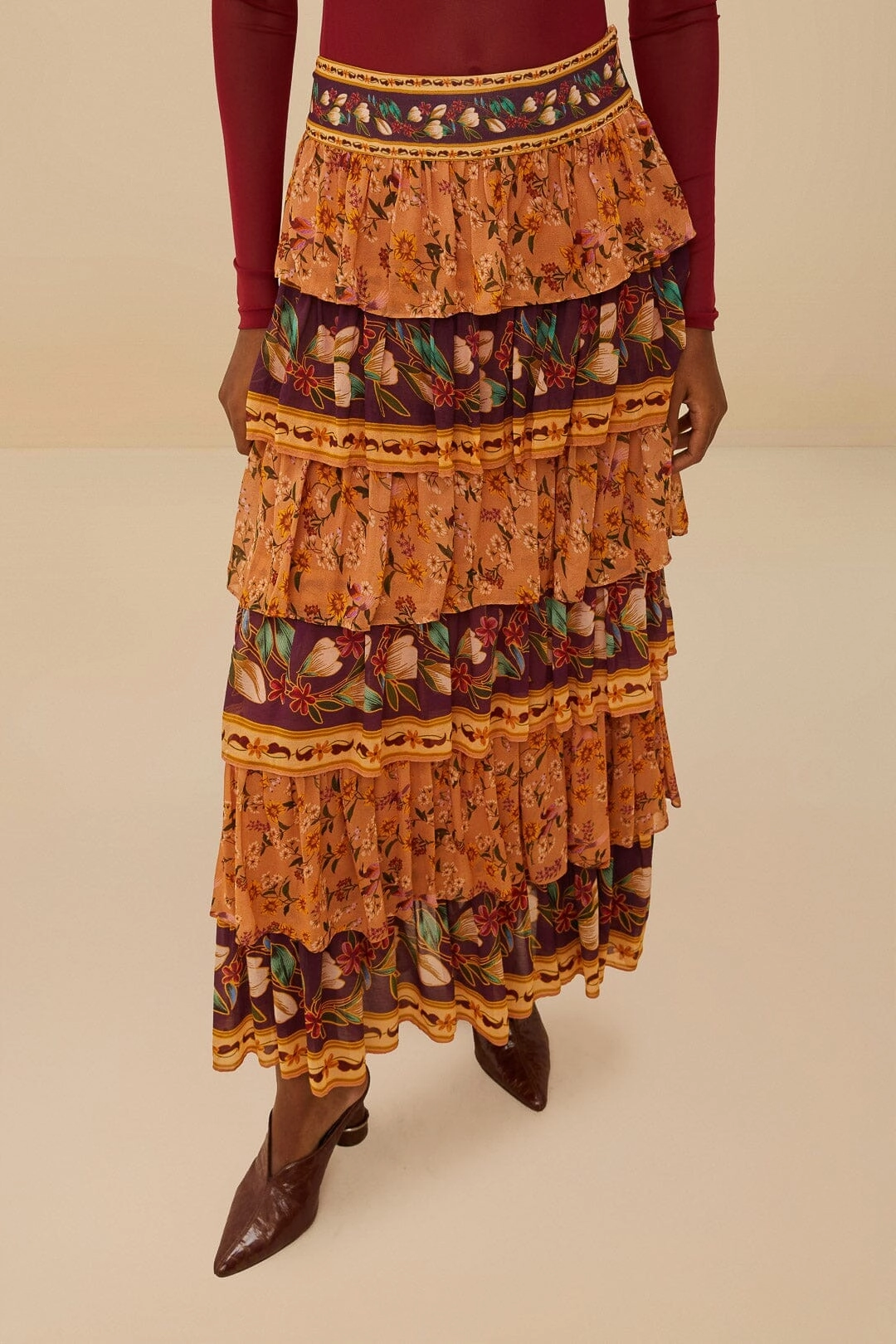 Fashion Detail Colorful Birds Camel Ruffles Midi Skirt