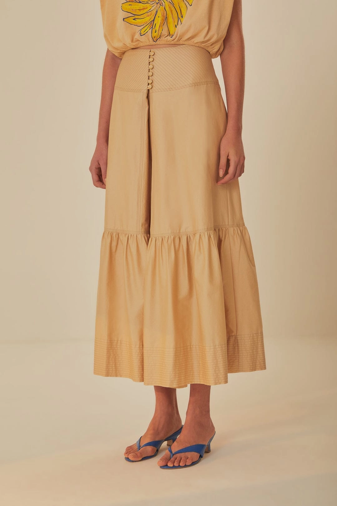Khaki Topstitching Yoke Organic Cotton Maxi Skirt Tiered hem