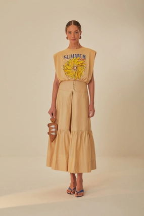 button detail Bold Statement Khaki Topstitching Yoke Organic Cotton Maxi Skirt