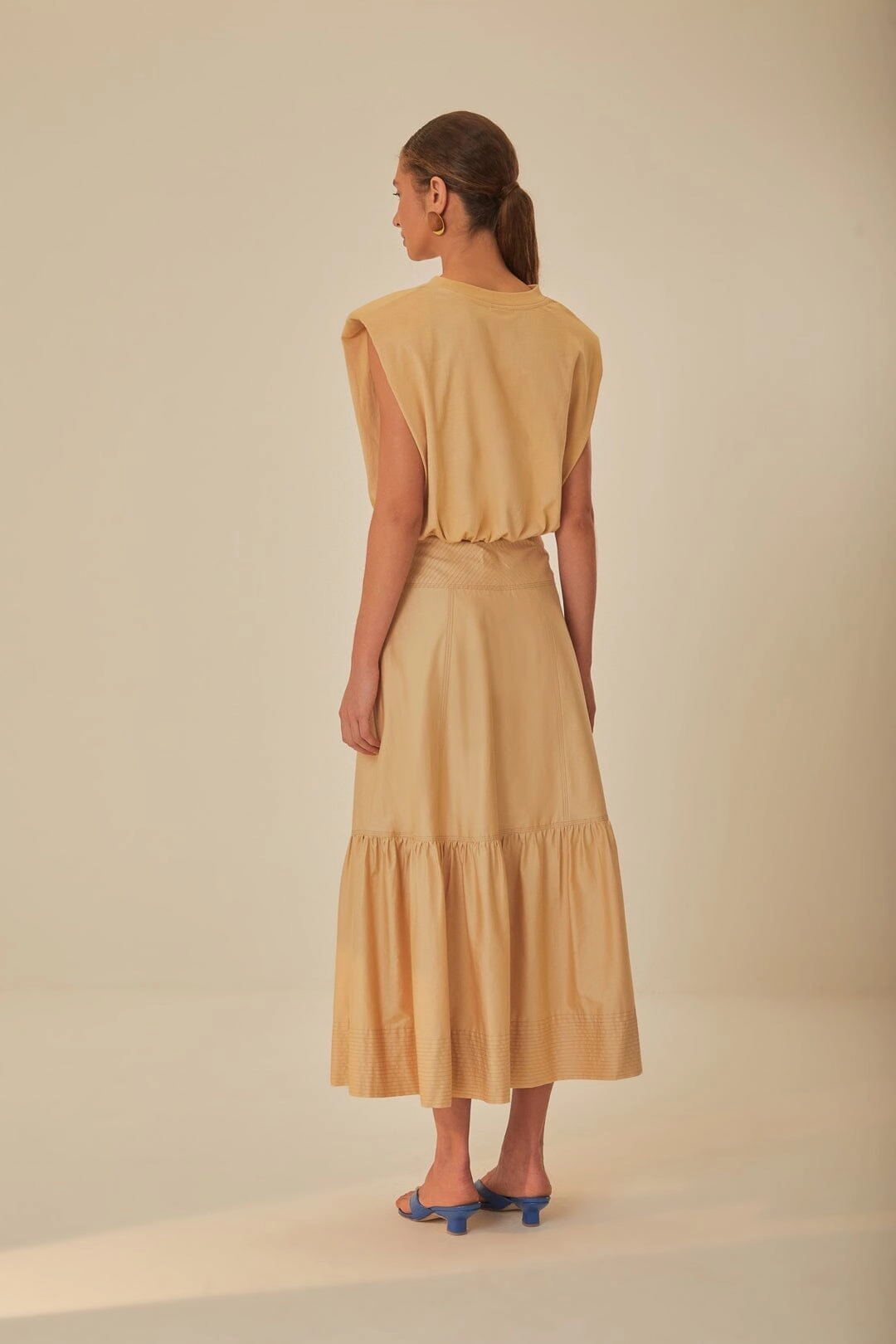 Structured silhouette Khaki Topstitching Yoke Organic Cotton Maxi Skirt