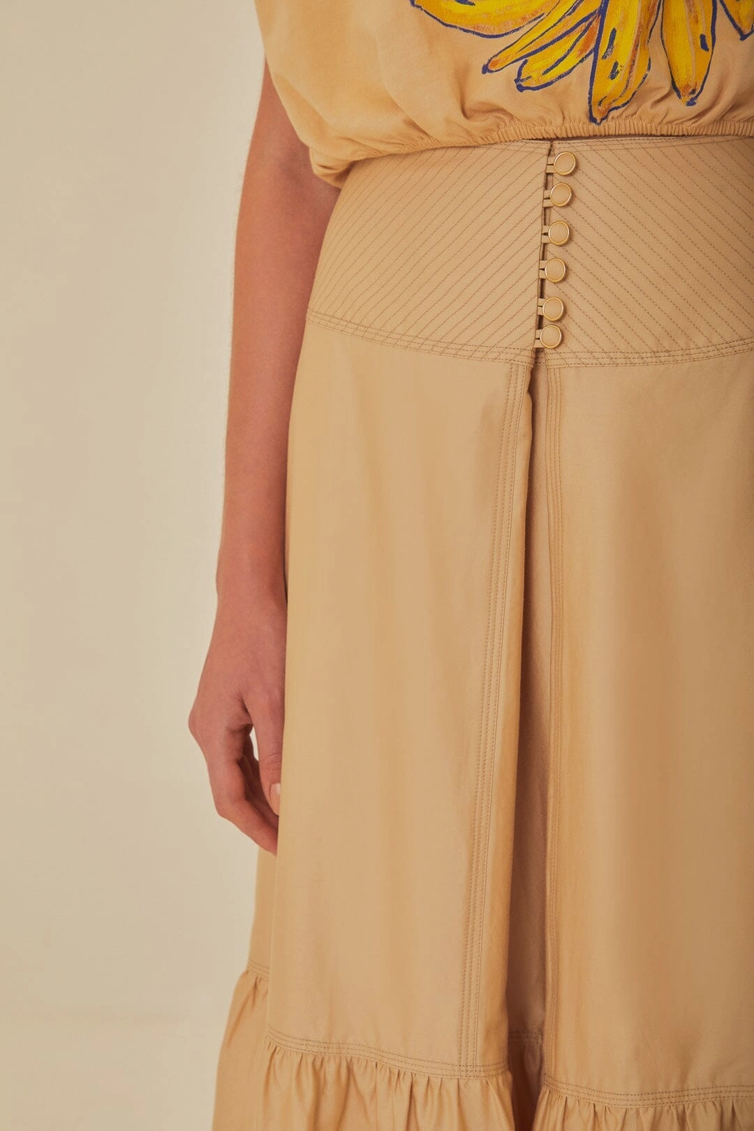 Khaki Topstitching Yoke Organic Cotton Maxi Skirt Travel Friendly Tonal Look