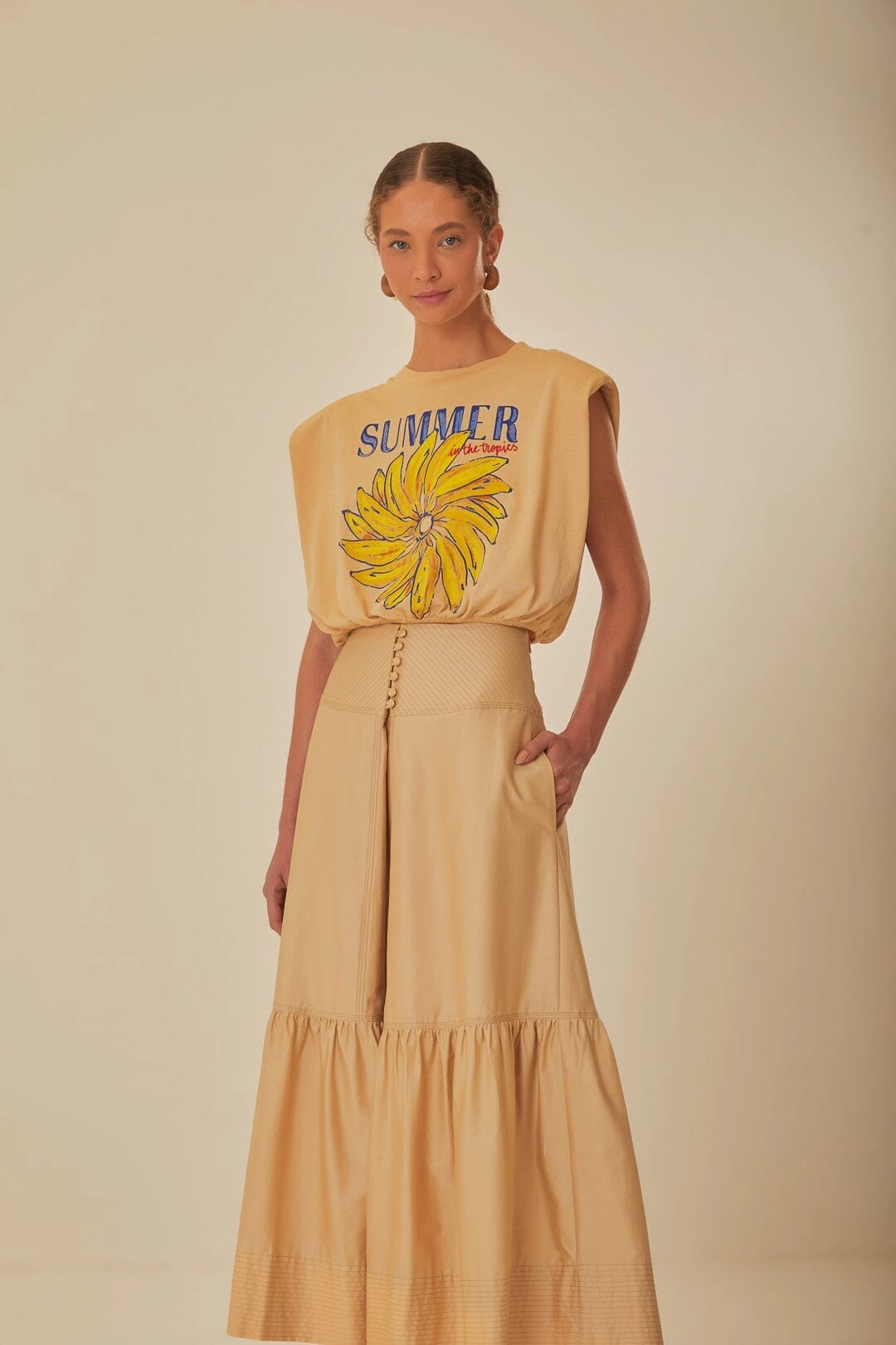 Laser cut Khaki Topstitching Yoke Organic Cotton Maxi Skirt