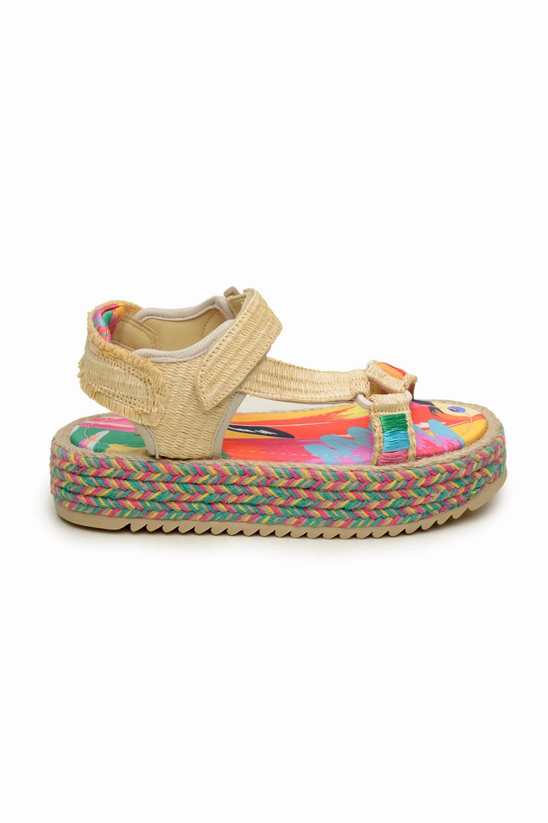 COLORFUL TOUCANS FLATFORM RAFFIA VELCRO SANDAL Neoprene Strap clean design