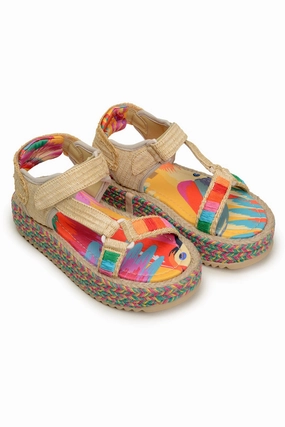 Active Summer Footwear COLORFUL TOUCANS FLATFORM RAFFIA VELCRO SANDAL