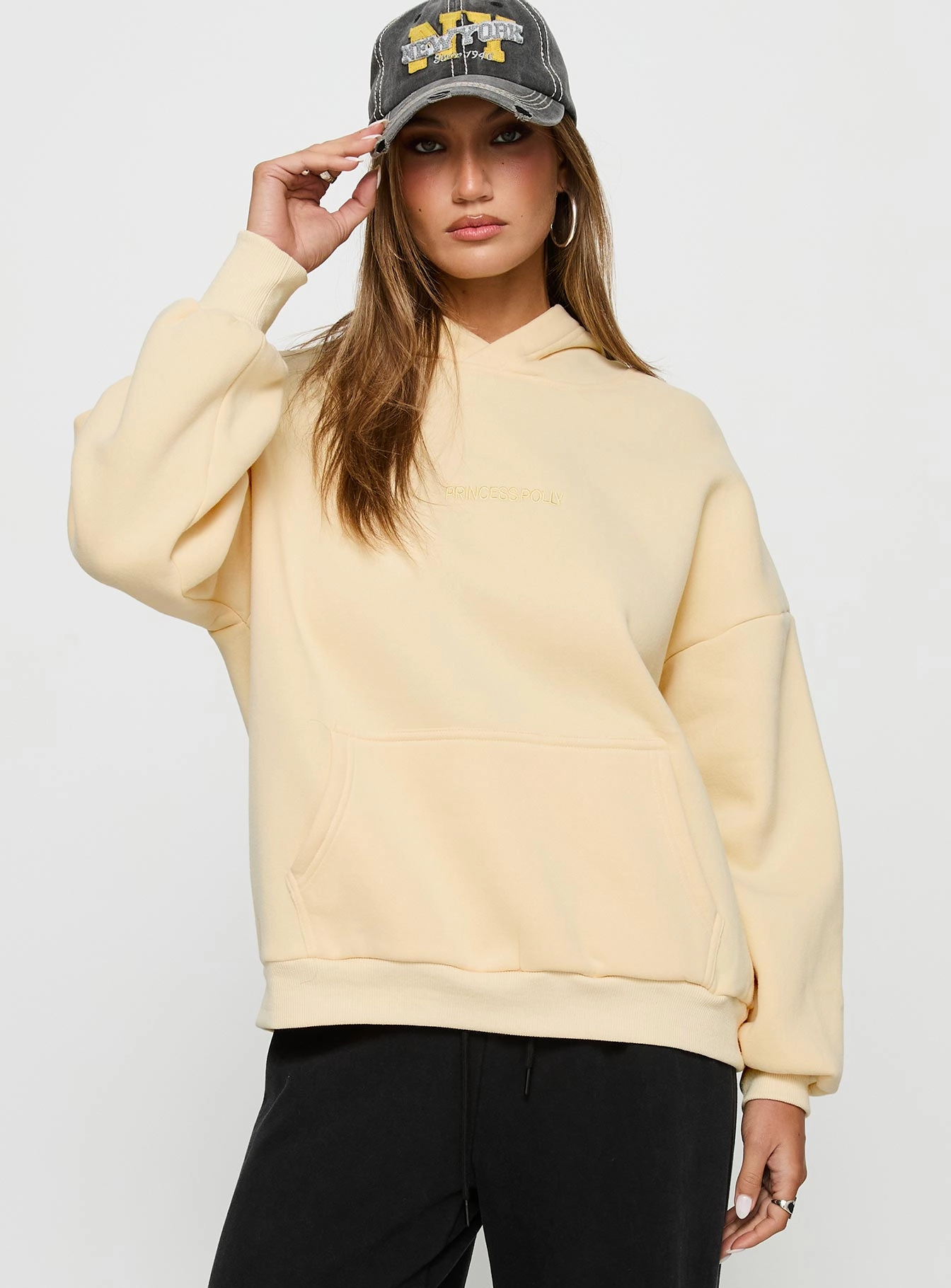 Princess Polly Hooded Sweatshirt Yellow Embroidered Details