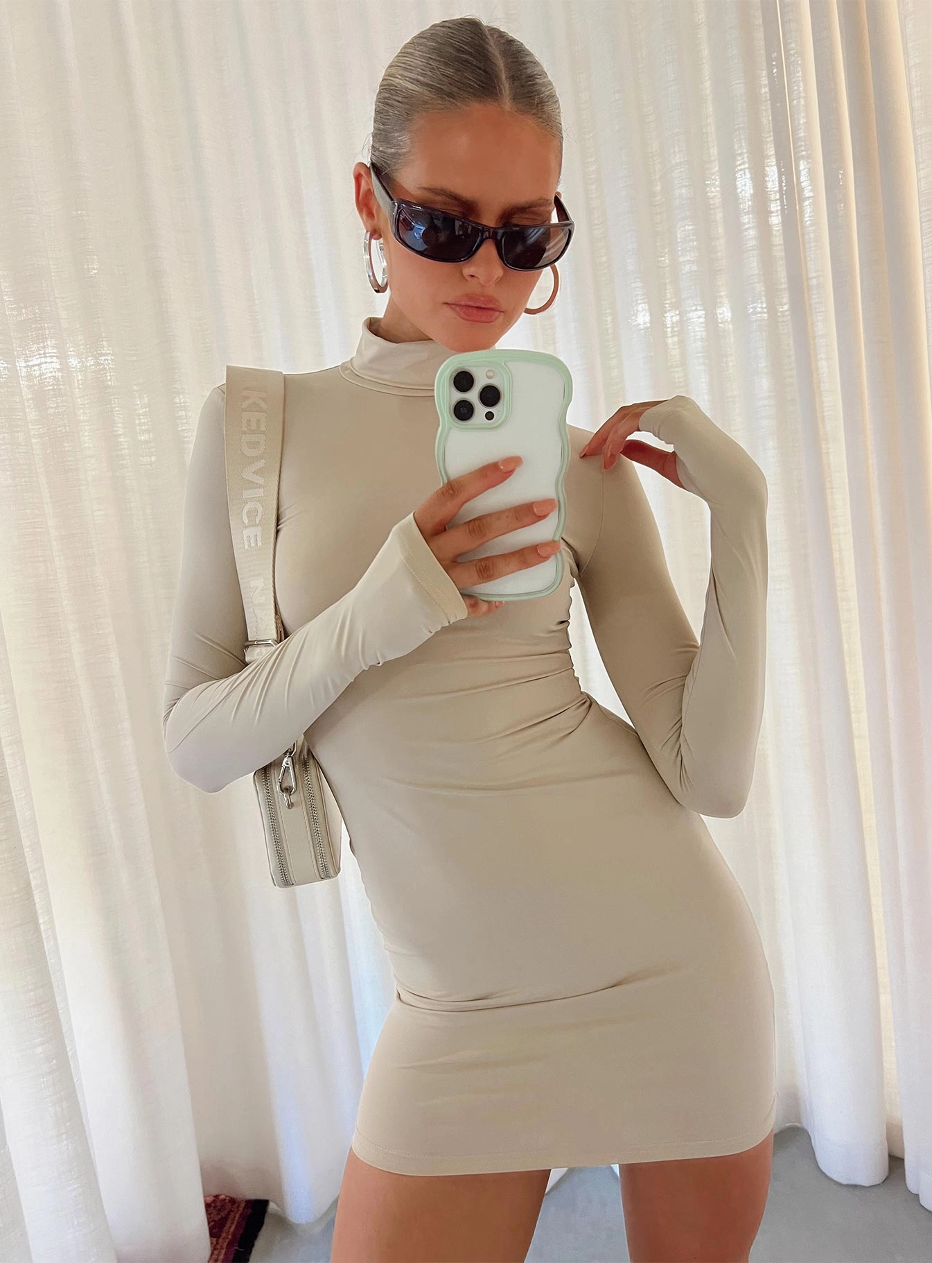 Smooth Finish Cozy and Comfortable Elysium Long Sleeve Turtleneck Dress Bone