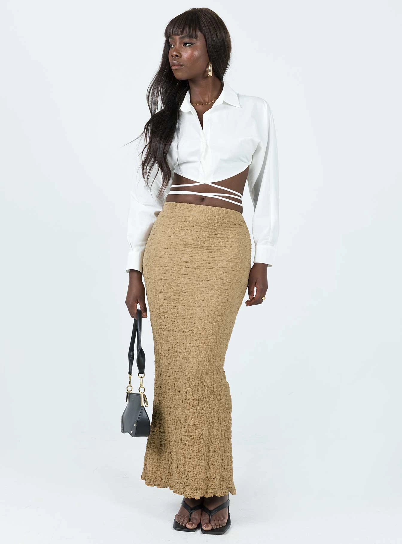 Leg Elongating Rubes Midi Skirt Beige