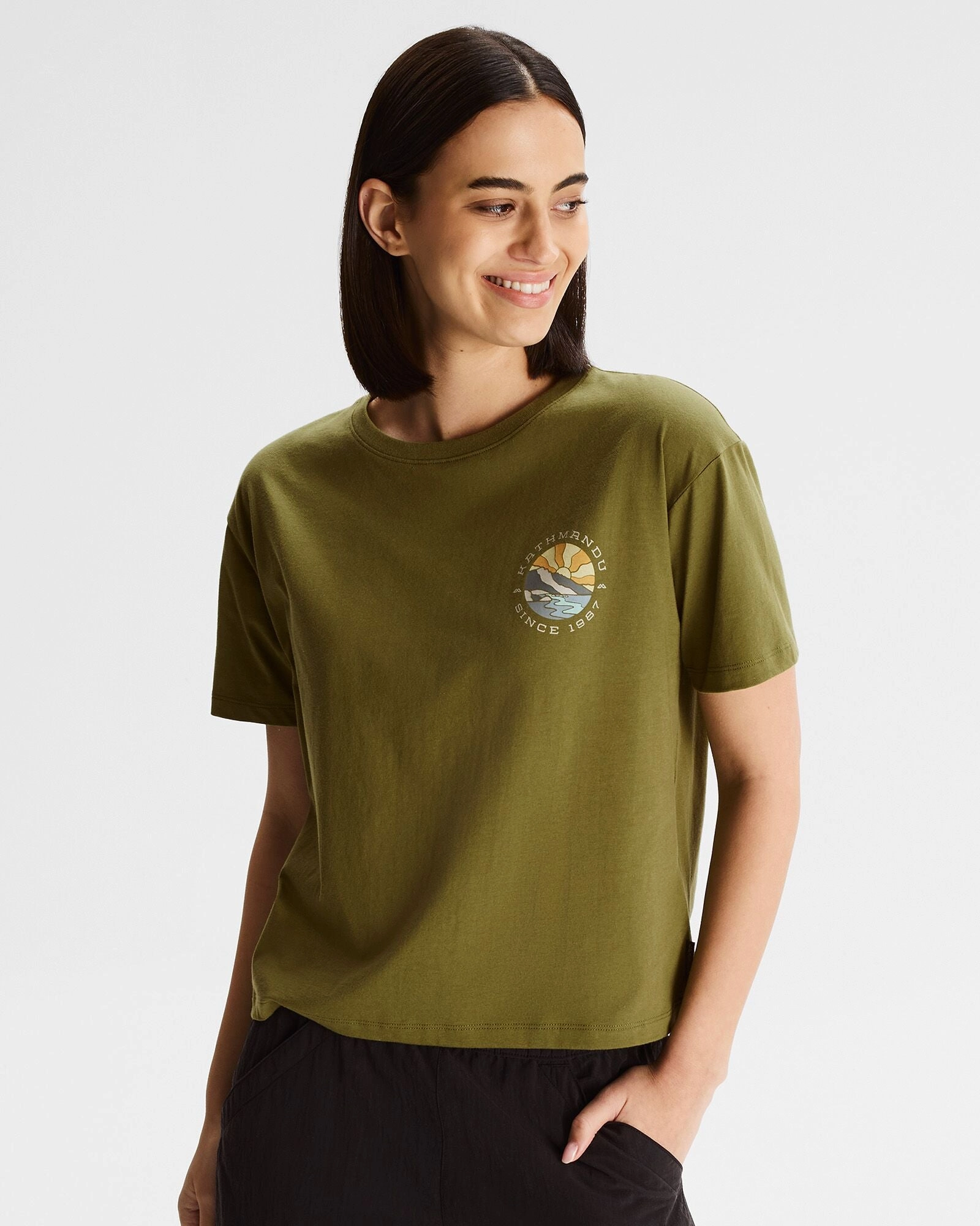 Women's Kathmandu Logo Sunburst Organic Cotton T-shirt - Dark Fern Chill Mode