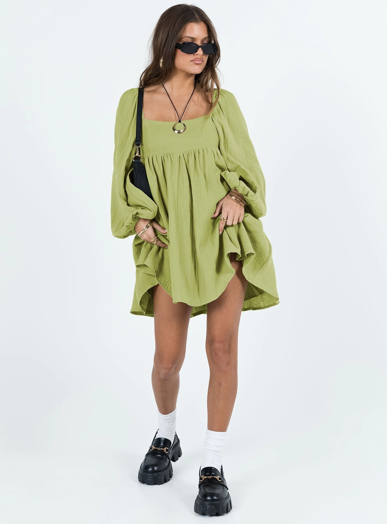 Lorna Long Sleeve Mini Dress Sage Muted Tones Tactile Feel
