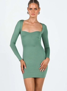 Drawstring-Closure Brewer Long Sleeve Mini Dress Green