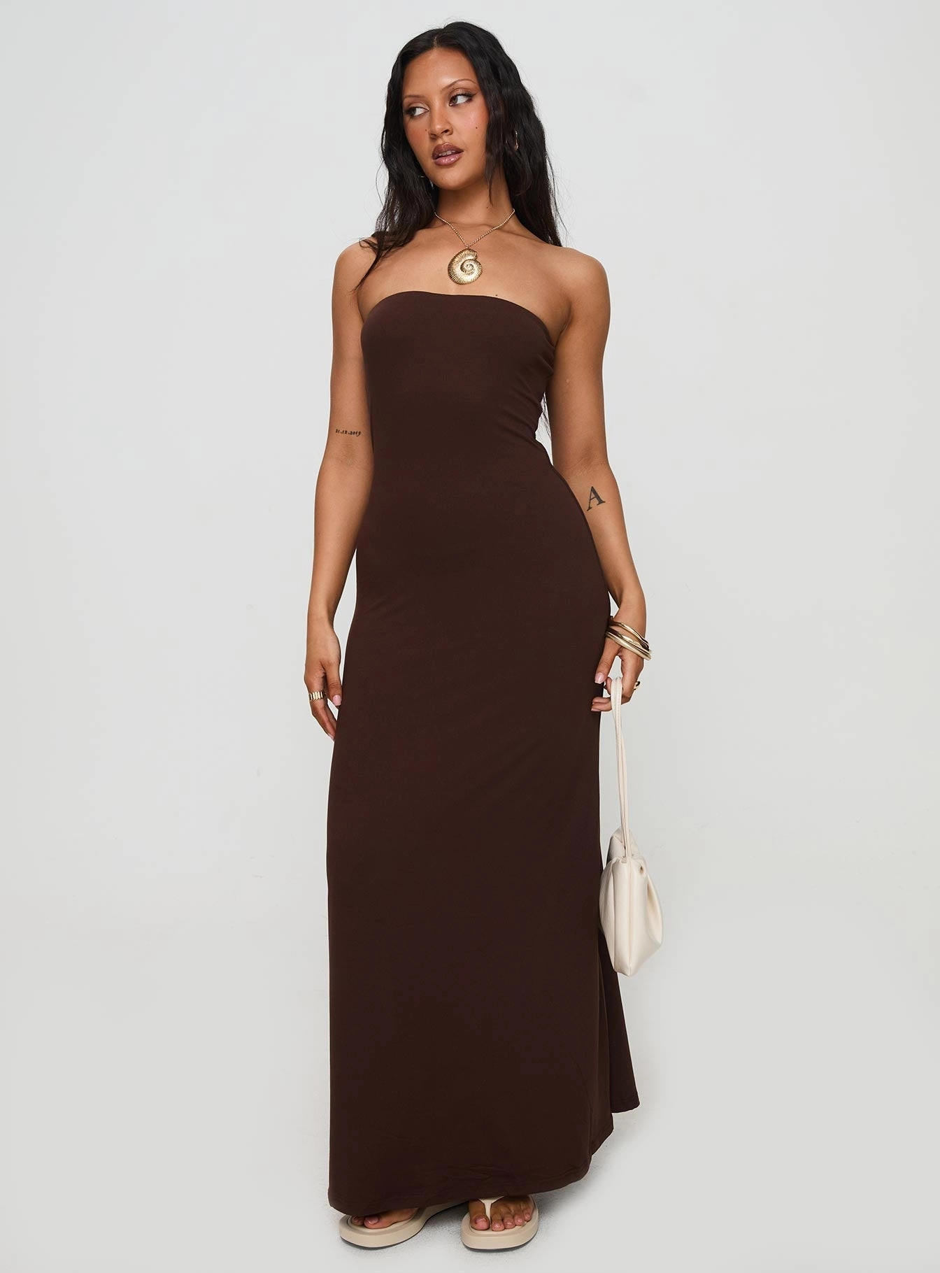 Side Tie Church Scene Bellaire Strapless Maxi Dress Brown