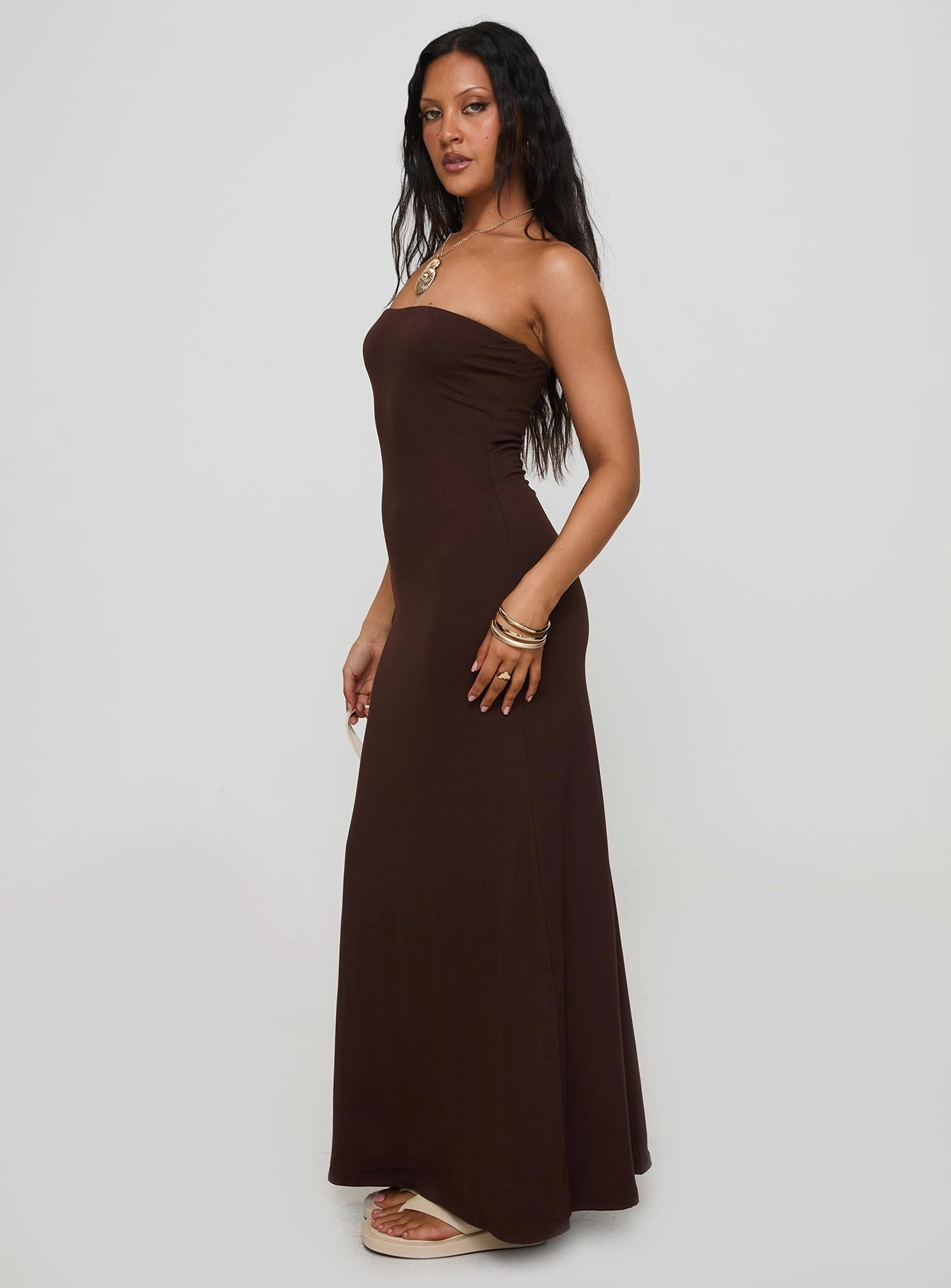 Bellaire Strapless Maxi Dress Brown Winter Layering Red-Carpet