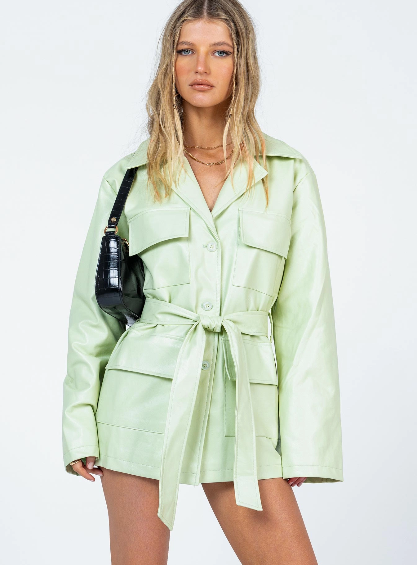 Carter PU Coat Green Edgy-Look Bold Pattern