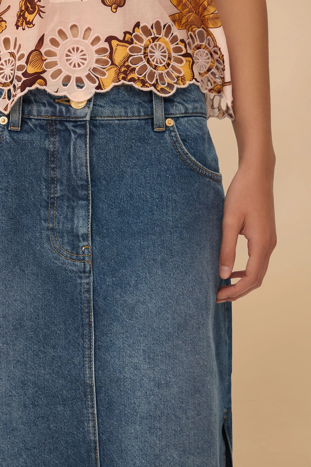 Drawstring closure Denim Side Slit Maxi Skirt