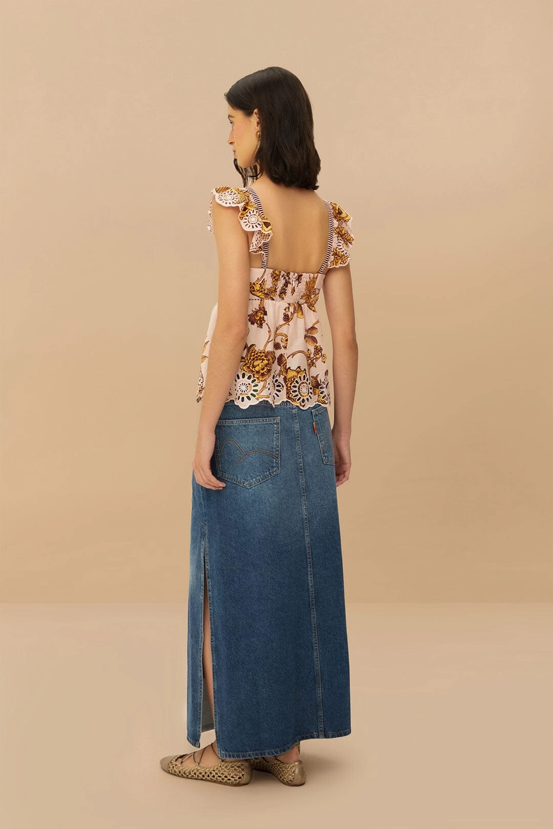 raw hem Side Pockets Denim Side Slit Maxi Skirt