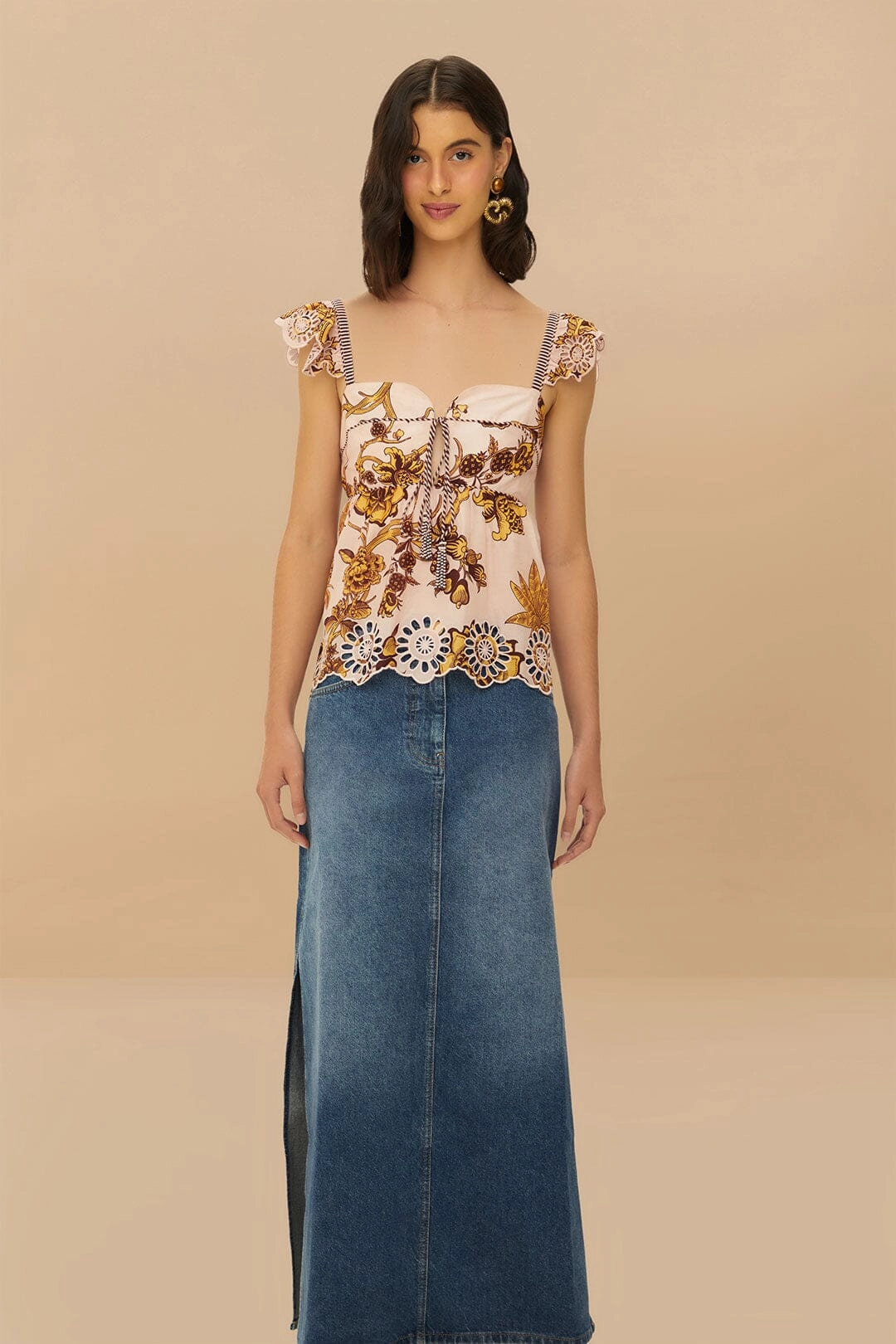 Water Repellent Finish Denim Side Slit Maxi Skirt