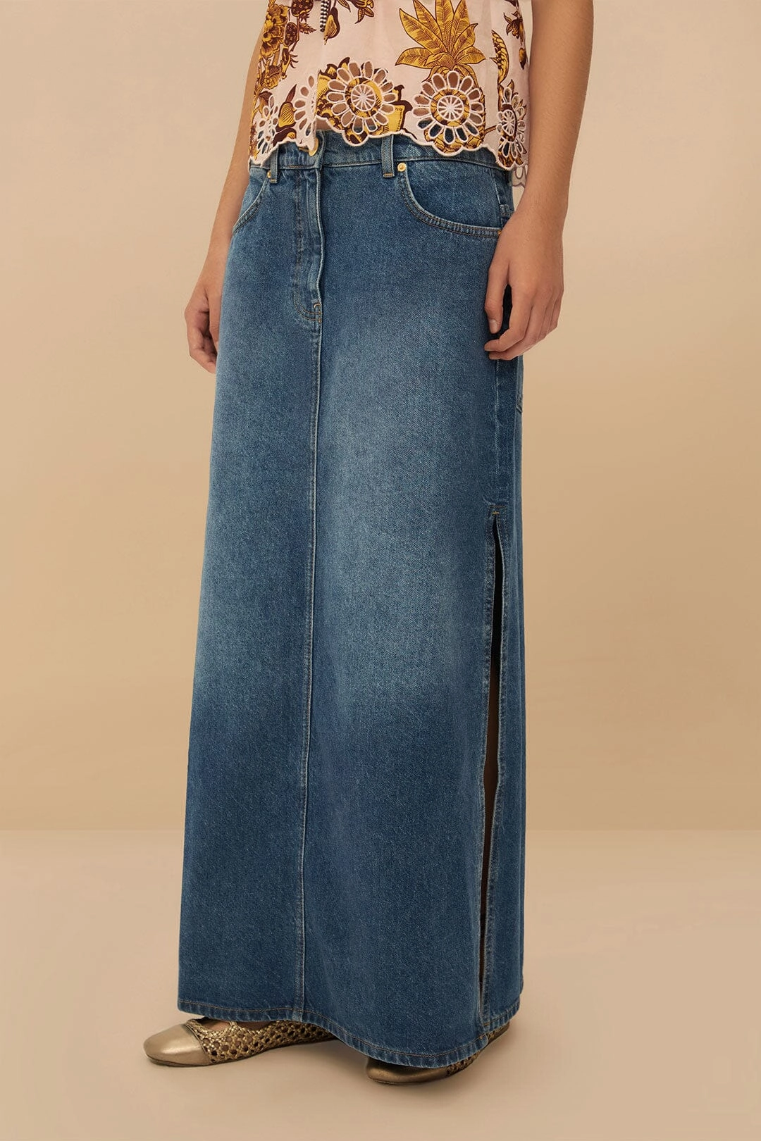 Denim Side Slit Maxi Skirt Textured Surface