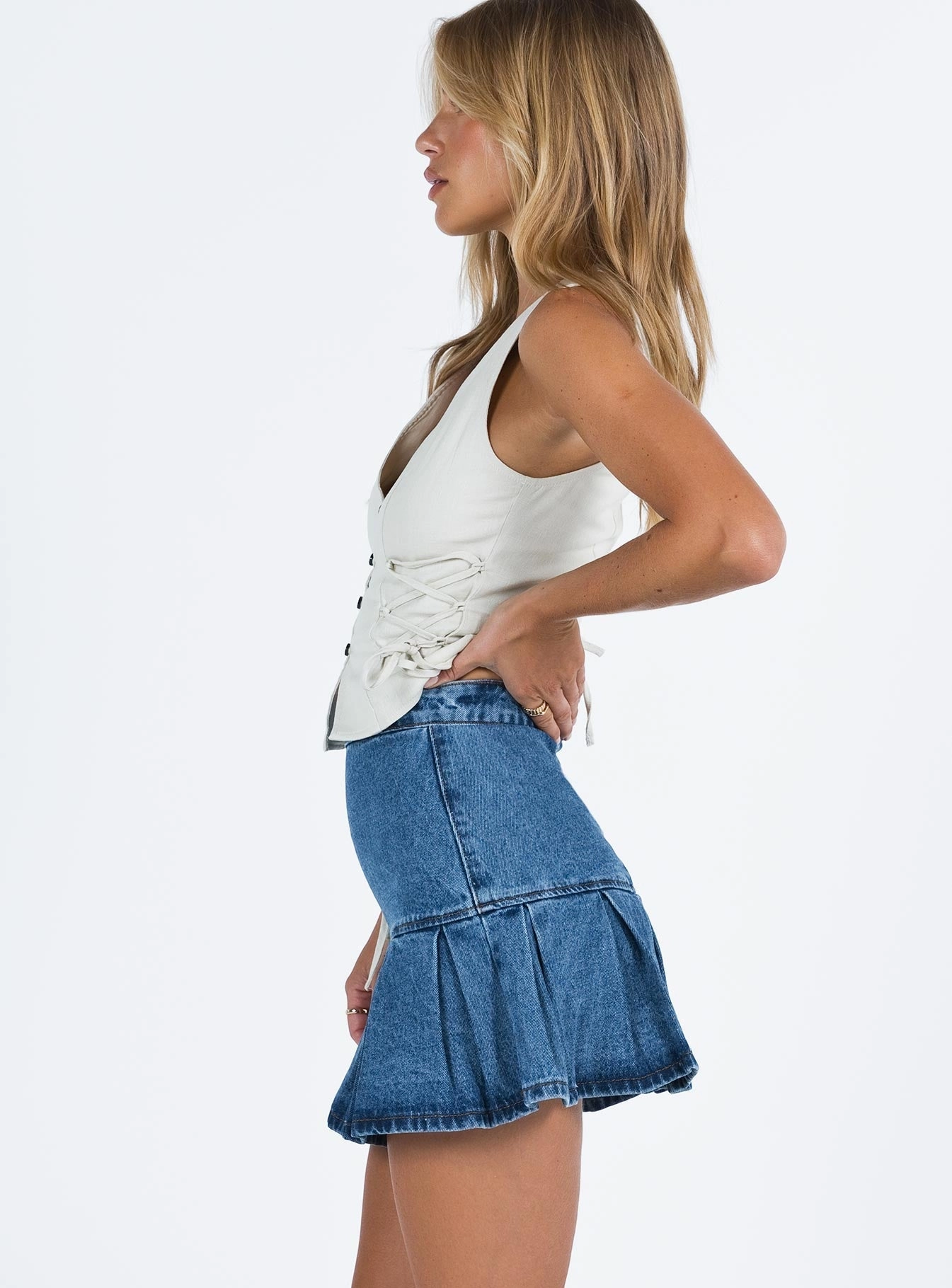 Erasable Crease Unisex style Rescue Me Pleat Mini Skirt Denim