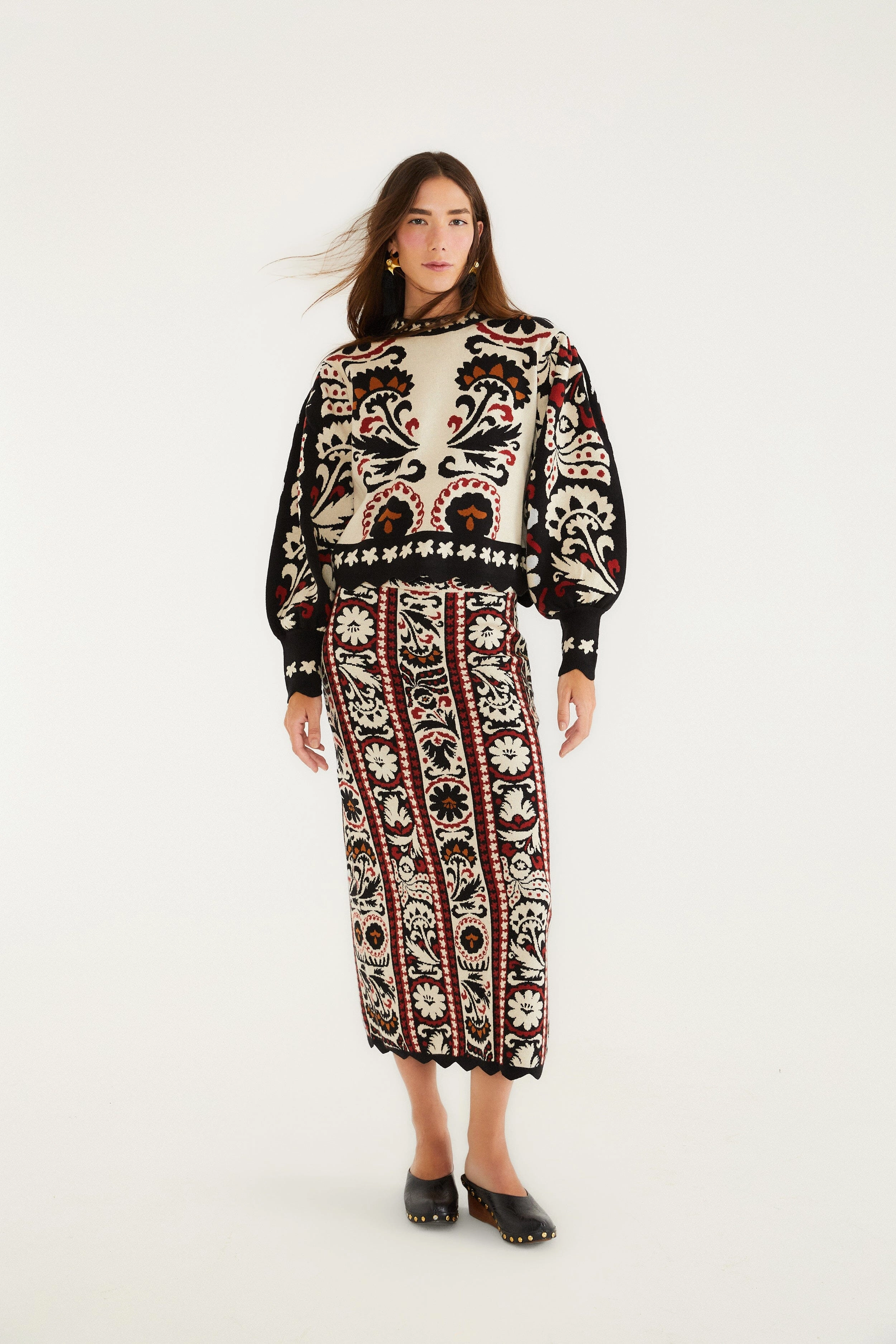 Synthetic Blend Stripes Winter Tapestry Knit Skirt