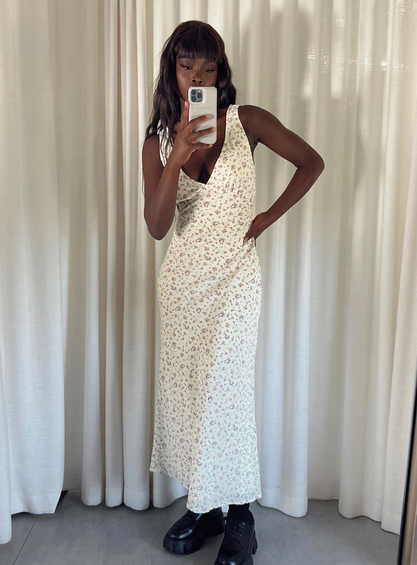 Nellie Maxi Dress Cream Playful touch Pose Glow