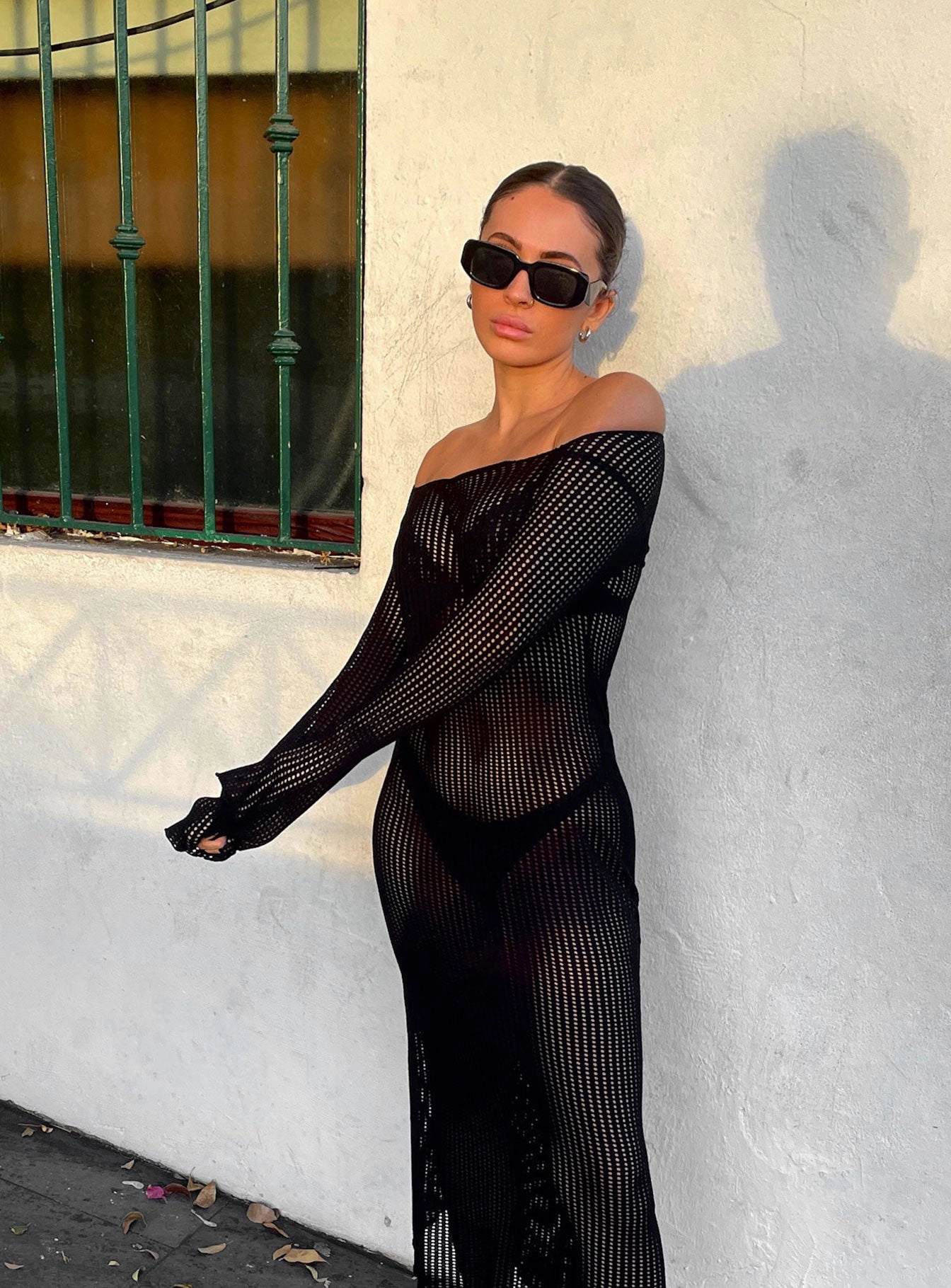 Kendor Long Sleeve Midi Dress Black Slit Detail
