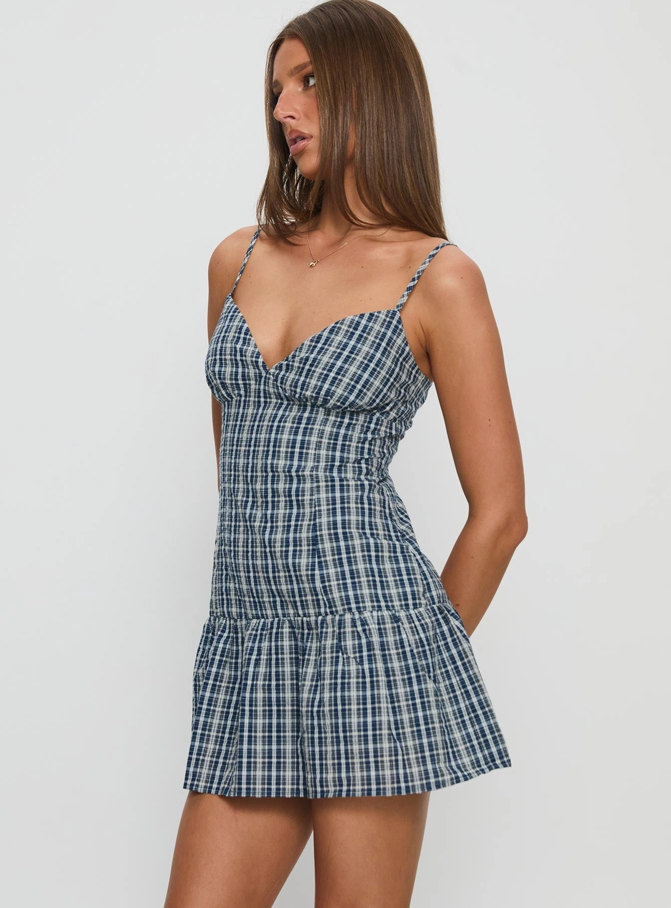 Jessamae Drop Waist Playsuit Blue Check Back Detail Urban Light