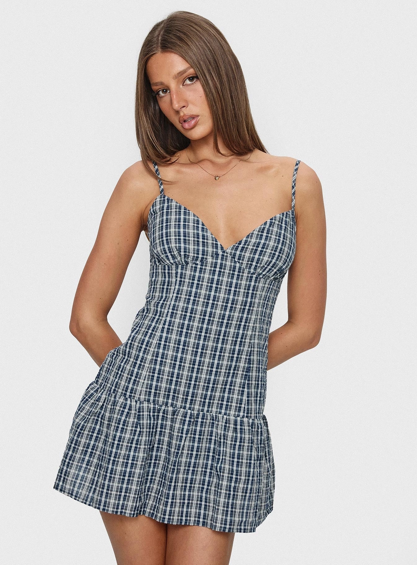 Jessamae Drop Waist Playsuit Blue Check Night Mood