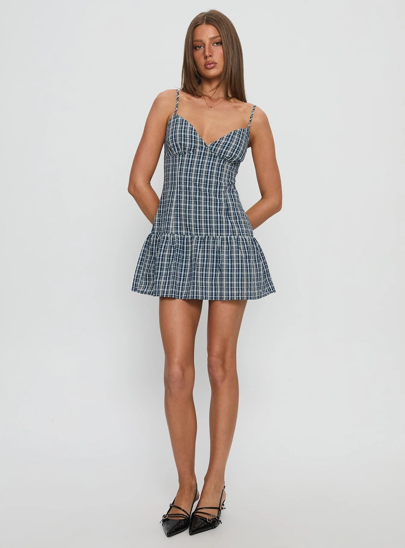 Jessamae Drop Waist Playsuit Blue Check Dressy Glow Edge Detail