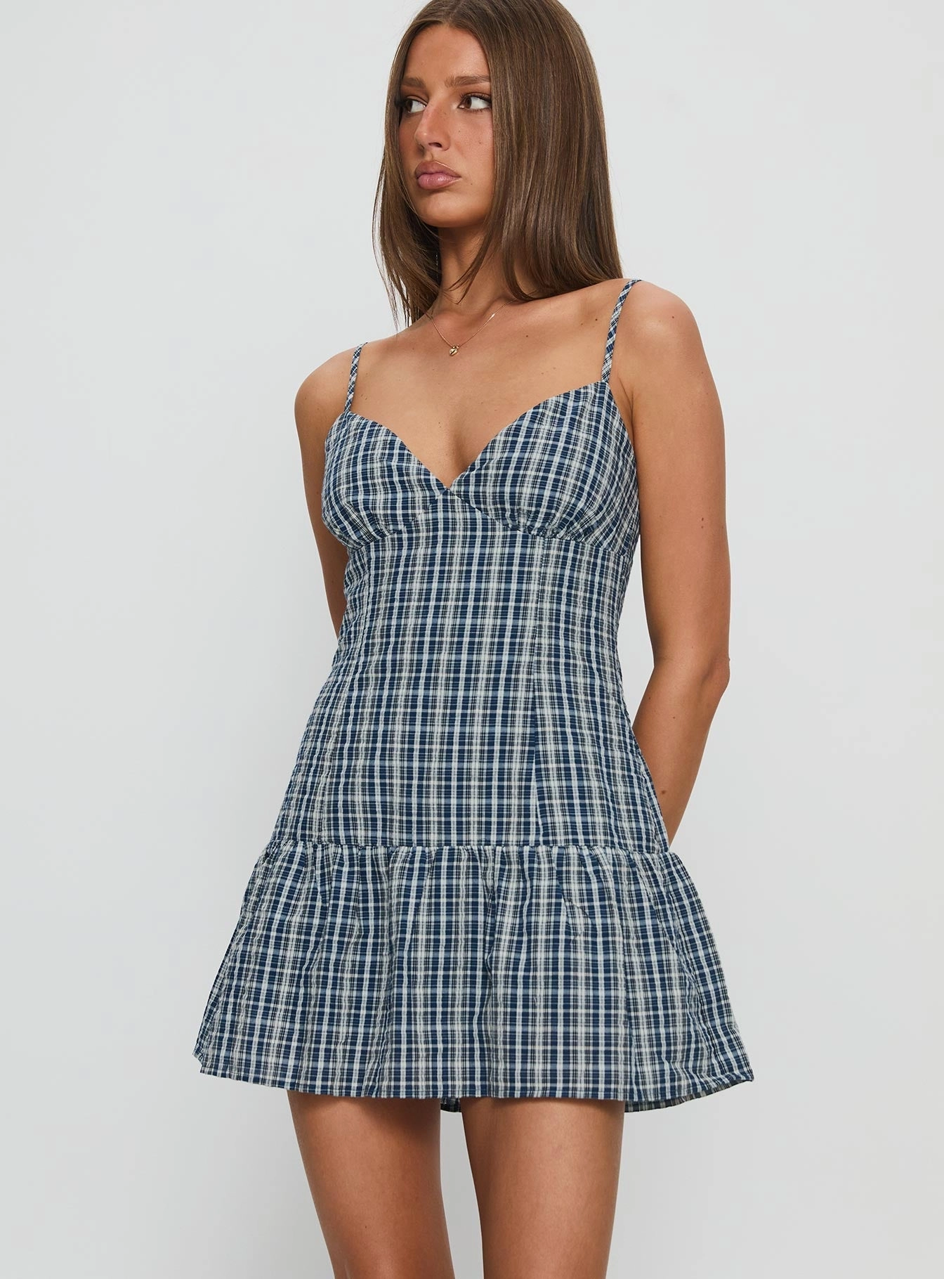 Side Slit Insulating-Lining Jessamae Drop Waist Playsuit Blue Check