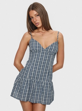 Jessamae Drop Waist Playsuit Blue Check Night Mood