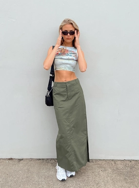 Devine Cargo Maxi Skirt Khaki Beach Day Double Layer Construction