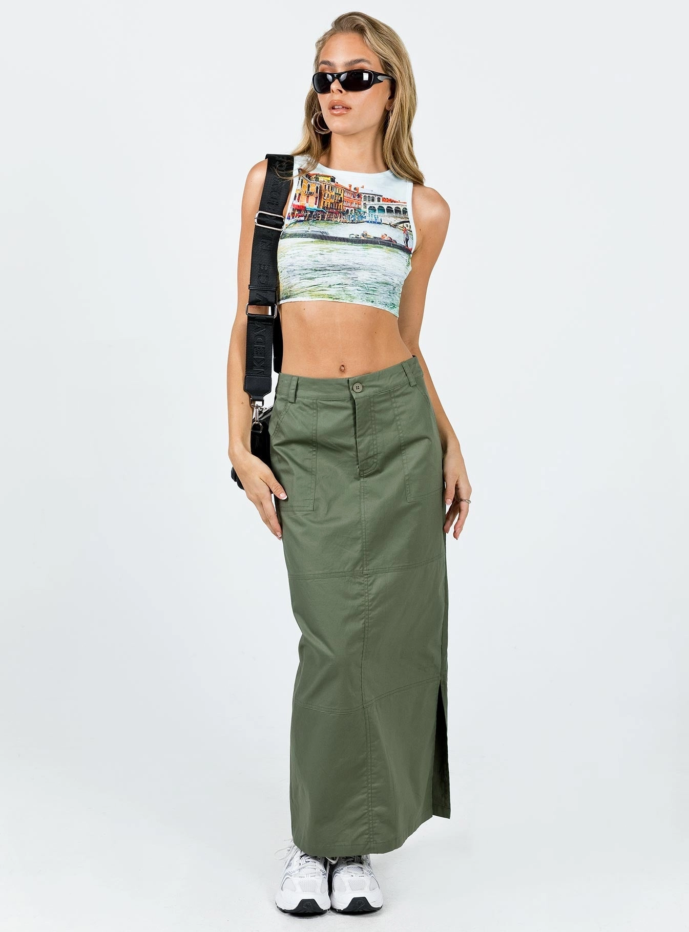 Elasticized Hem Devine Cargo Maxi Skirt Khaki