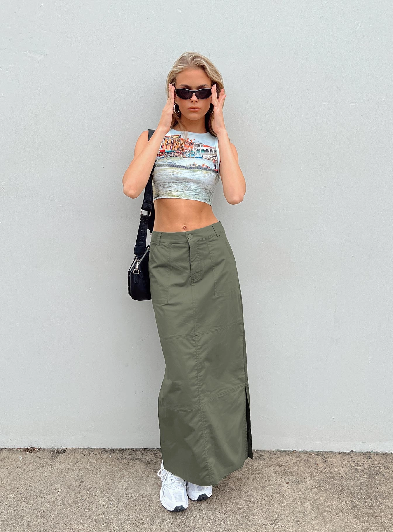Devine Cargo Maxi Skirt Khaki Beach Day Double Layer Construction