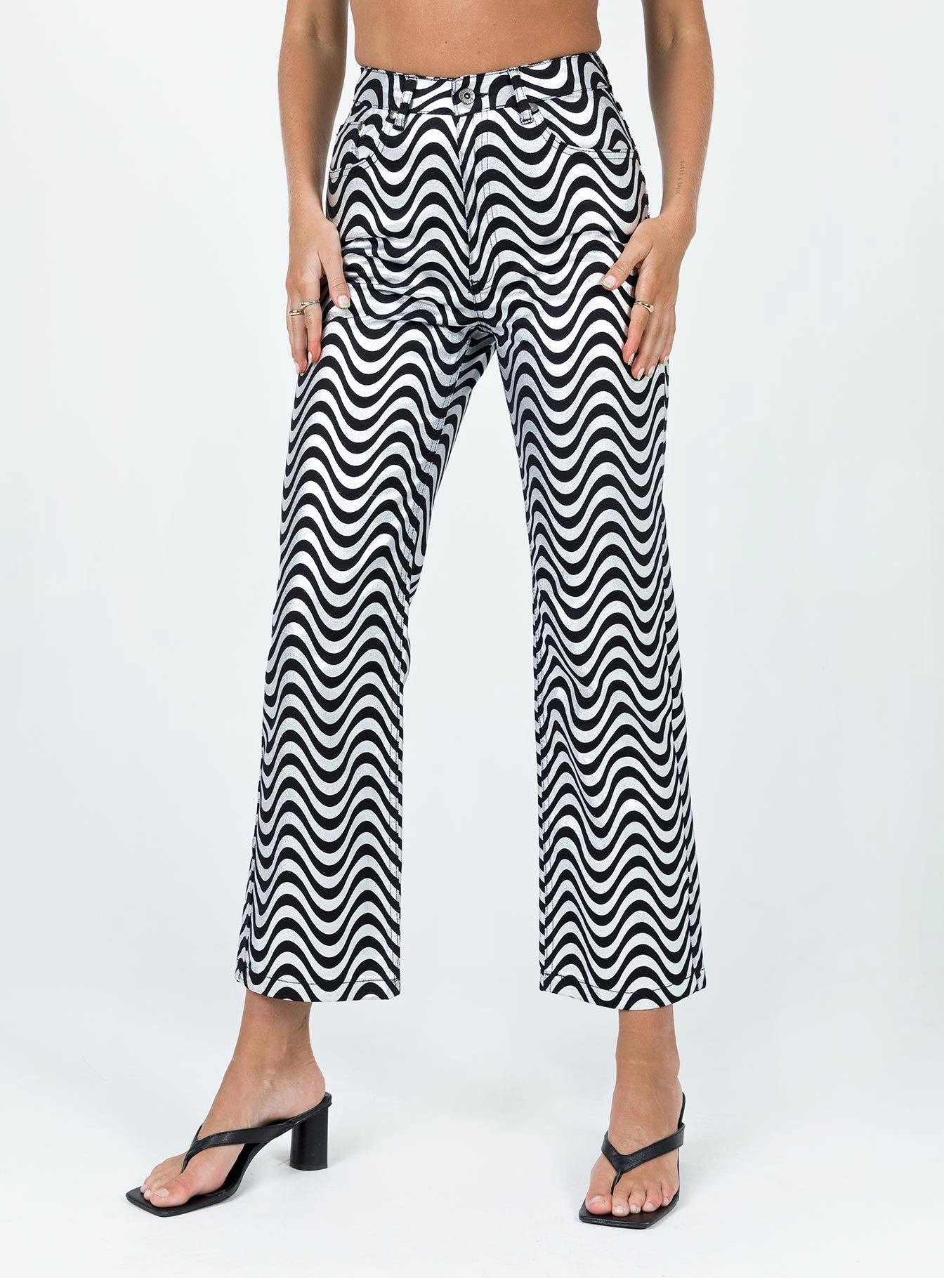 The Ragged Priest High Rise Straight Leg Wave Jeans Glitter Denim Silver / Black Smooth Form Yearlong Fit