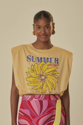 Beige Summer In The Tropics Shoulder Pad Organic Cotton T-Shirt Plus size clothing Trendy Fashion