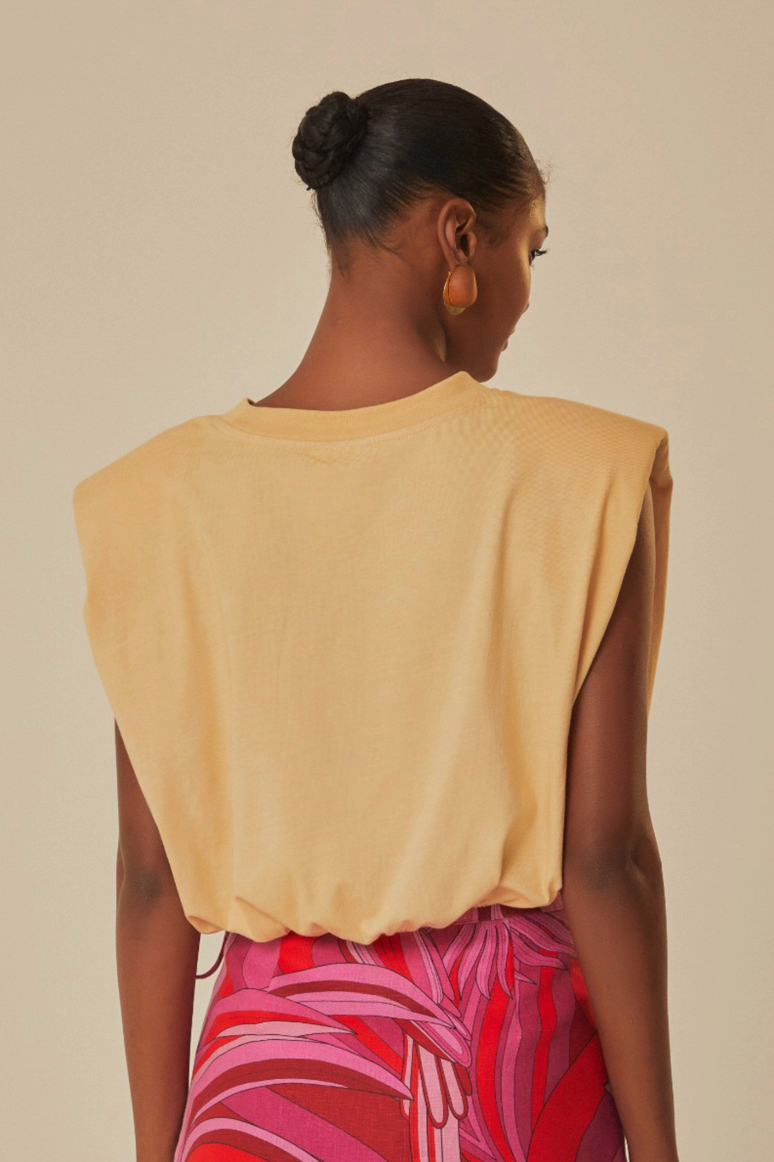 Beige Summer In The Tropics Shoulder Pad Organic Cotton T-Shirt Holiday Outfit Style