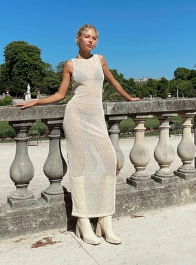 Floral-Pattern Performer Knit Maxi Dress Cream