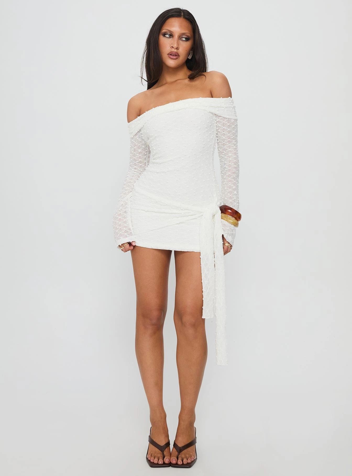 Comfort Mode Karmin Long Sleeve Boucle Mini Dress White