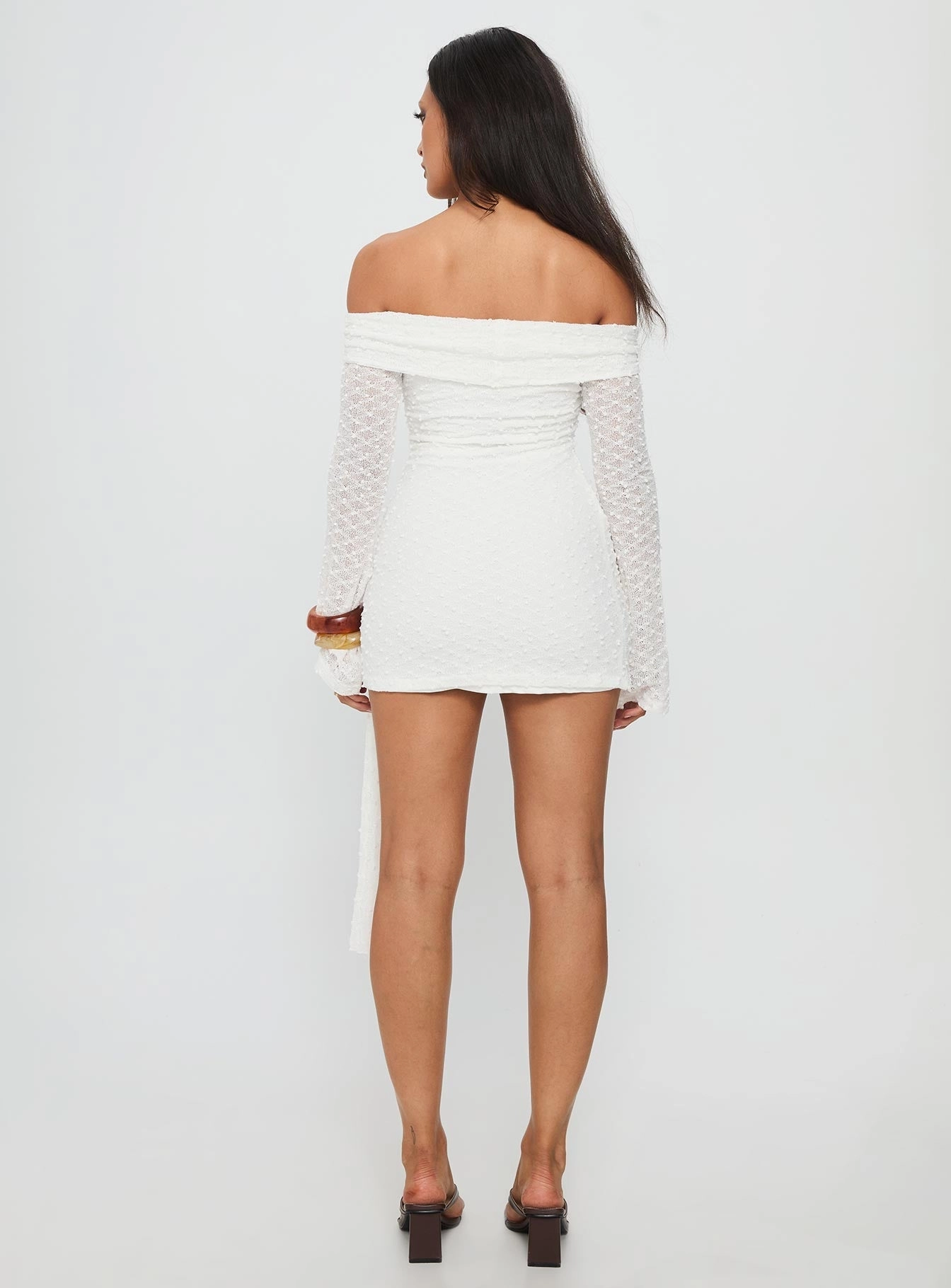 Adjustable Straps Karmin Long Sleeve Boucle Mini Dress White