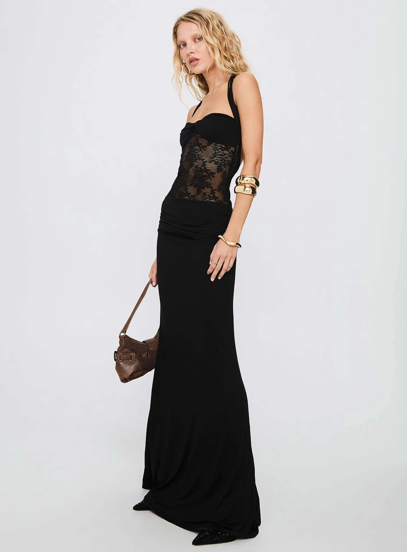 Sophisticated cocktail dress Adalyne Lace Halter Maxi Dress Black