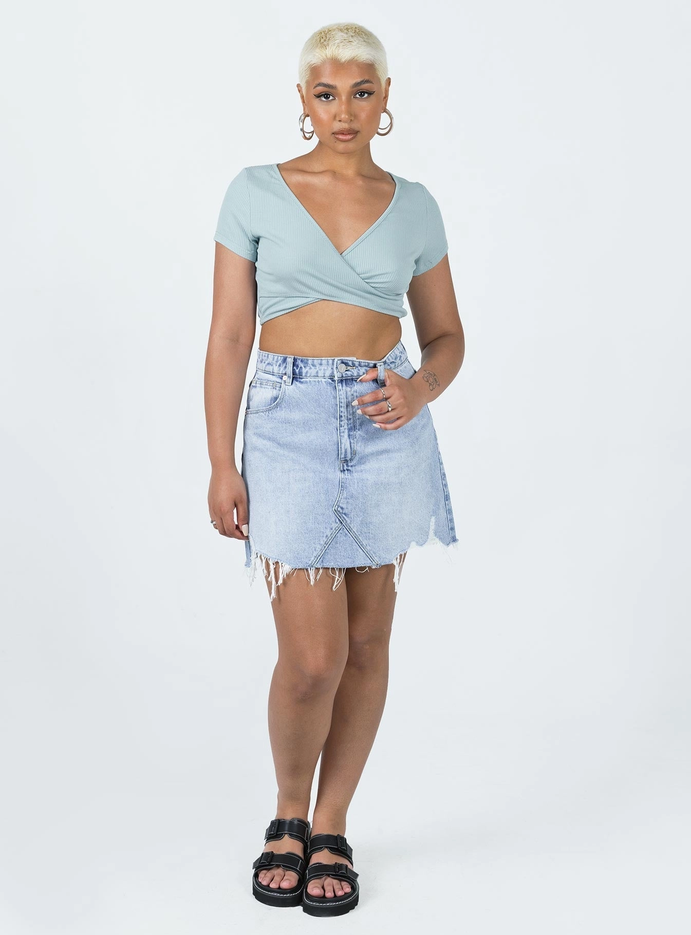 Vibrant Flow Ruching Details Abrand Aline Skirt Rhonda Rip Mid Wash Denim