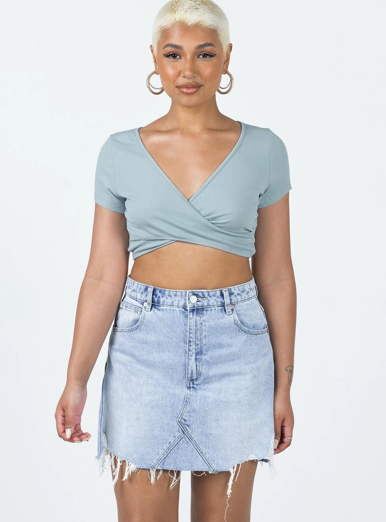 Abrand Aline Skirt Rhonda Rip Mid Wash Denim Modern Luxe