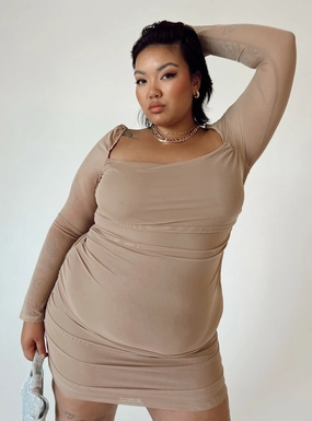 Draped-Style Balanced Texture Charvi Long Sleeve Mini Dress Tan Curve