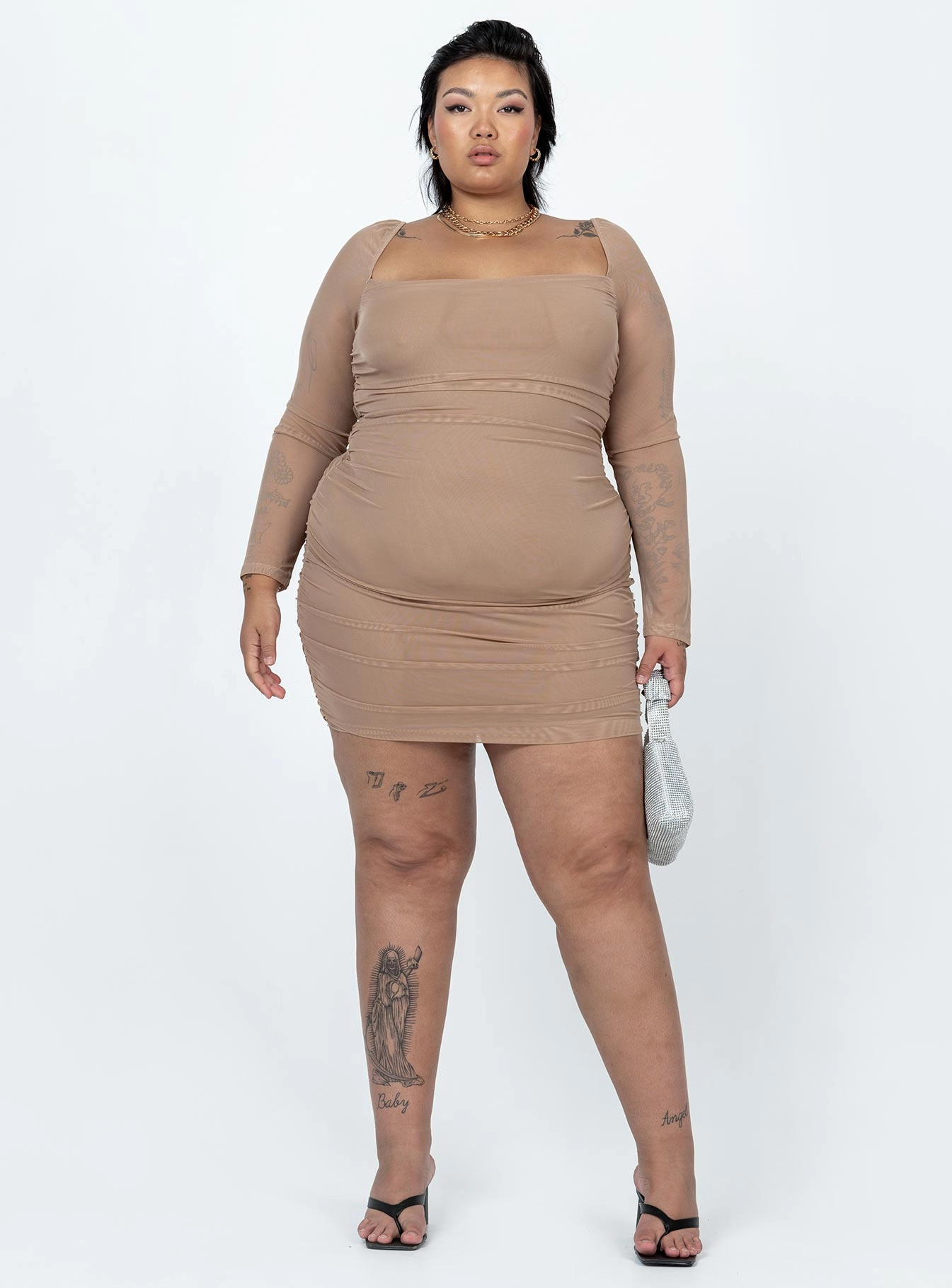 Charvi Long Sleeve Mini Dress Tan Curve Grace Vibe