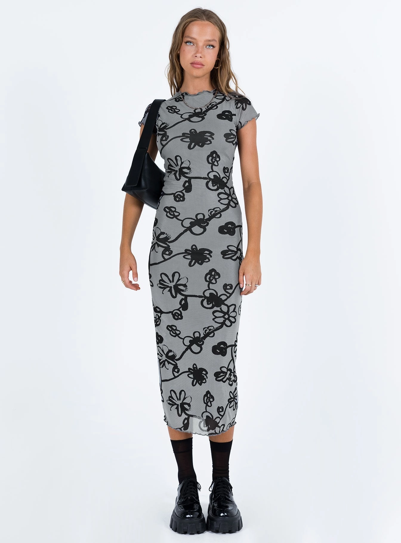 Fresh Combo Fall Inspired Maruza Midi Dress Grey Floral