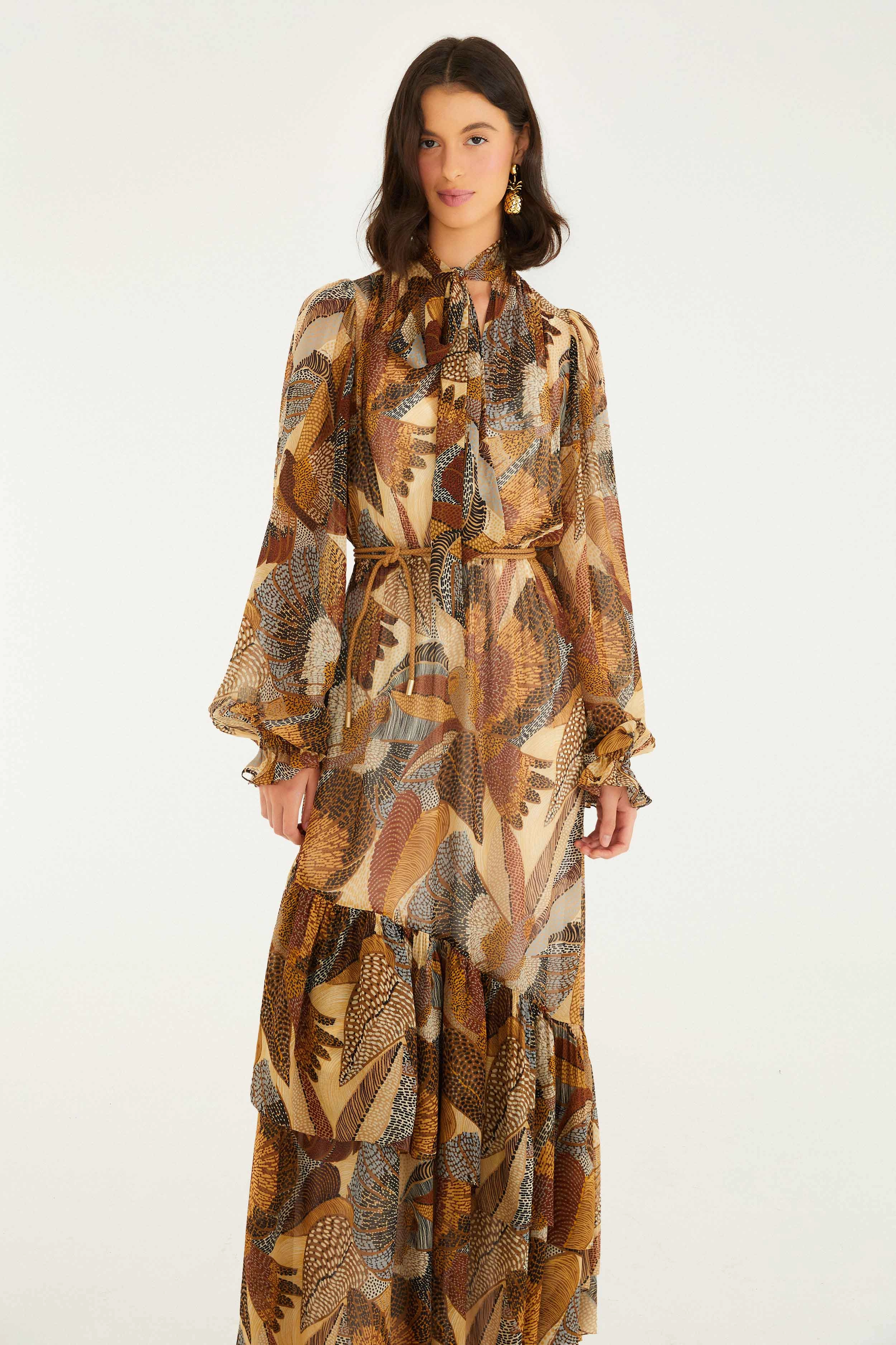 Cute Touch Everyday Comfort Wear Cream Dotted Macaws Long Sleeve Maxi Dress Ethical Manufacturing